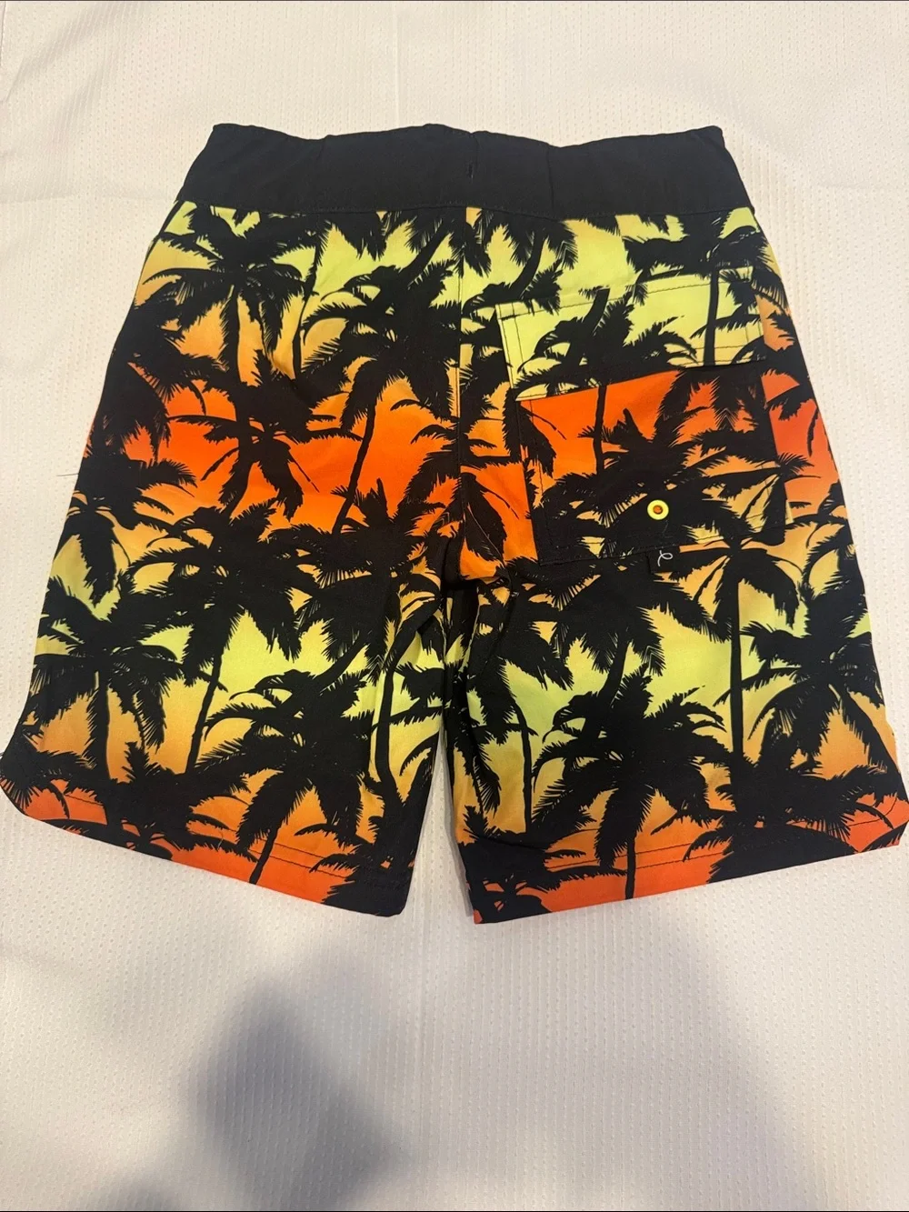 Tropical Palm Print Swim Trunks - Black, Orange, Yellow